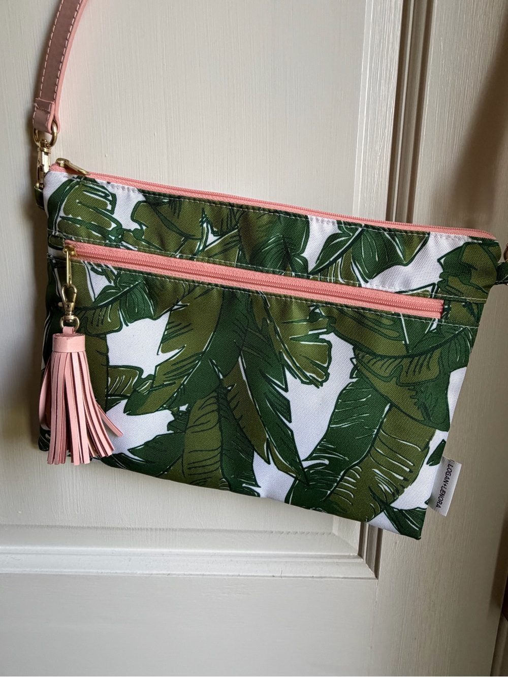 Tropical Leaf Crossbody Bag with Pink Trim